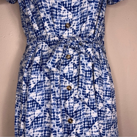 SMALL SONOMA BLUE WHITE BELTED DRESS SHORT SLEEVE MIDI LENGTH RAYON COASTAL - Picture 4 of 14